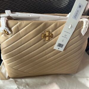 Tory Burch Kira Chevron Tan Quilted Shoulder Bag with Gold Accents